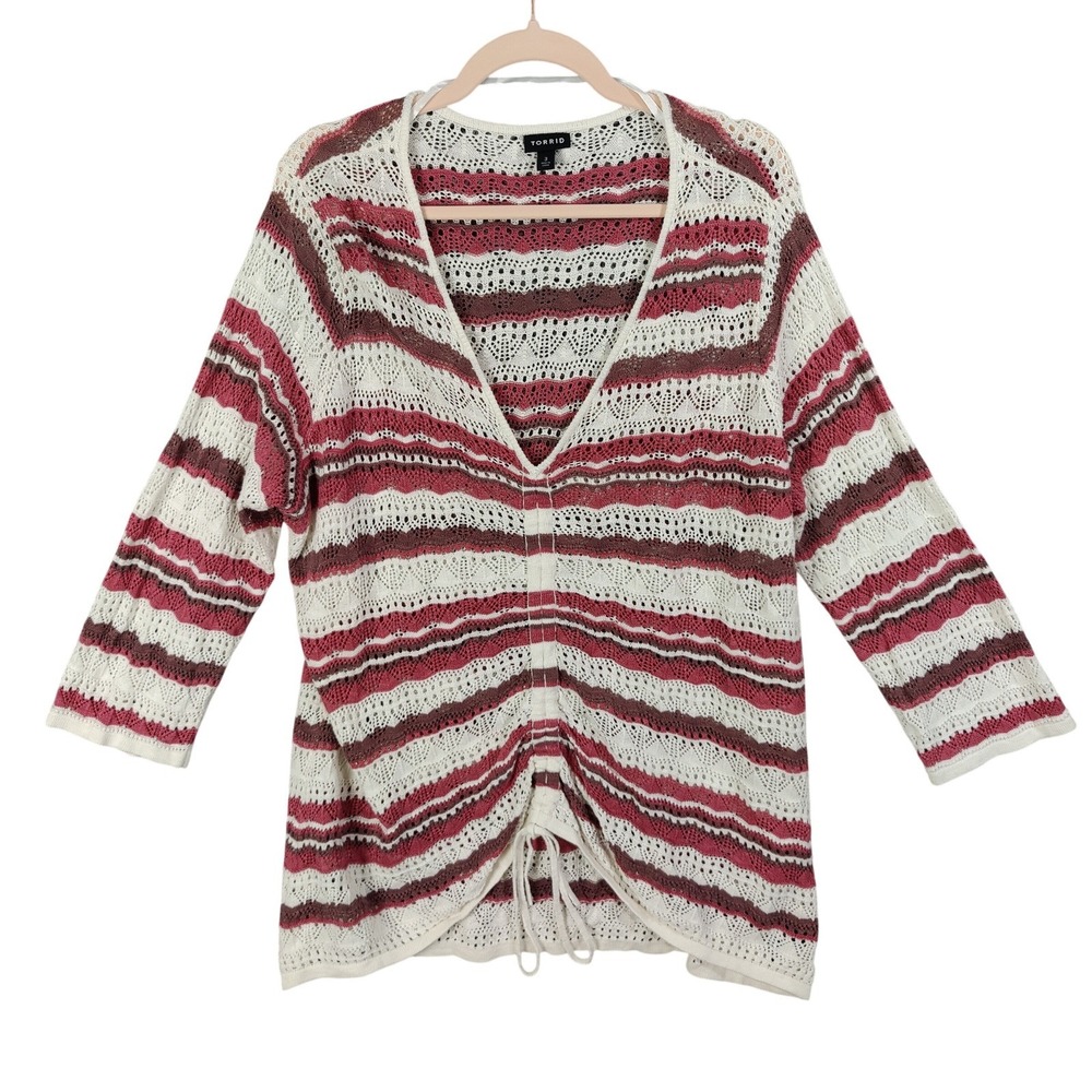 Torrid Womens Boho Coastal Crochet Sweater 3X Pink Open Knit Stripe Ruched VNeck